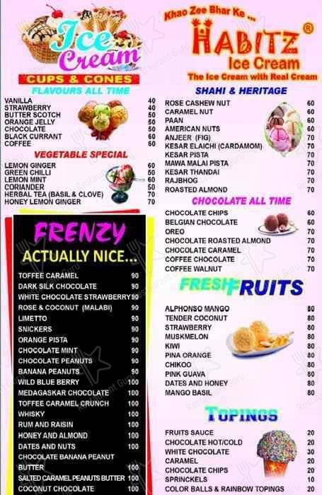Habitz Ice Cream menu