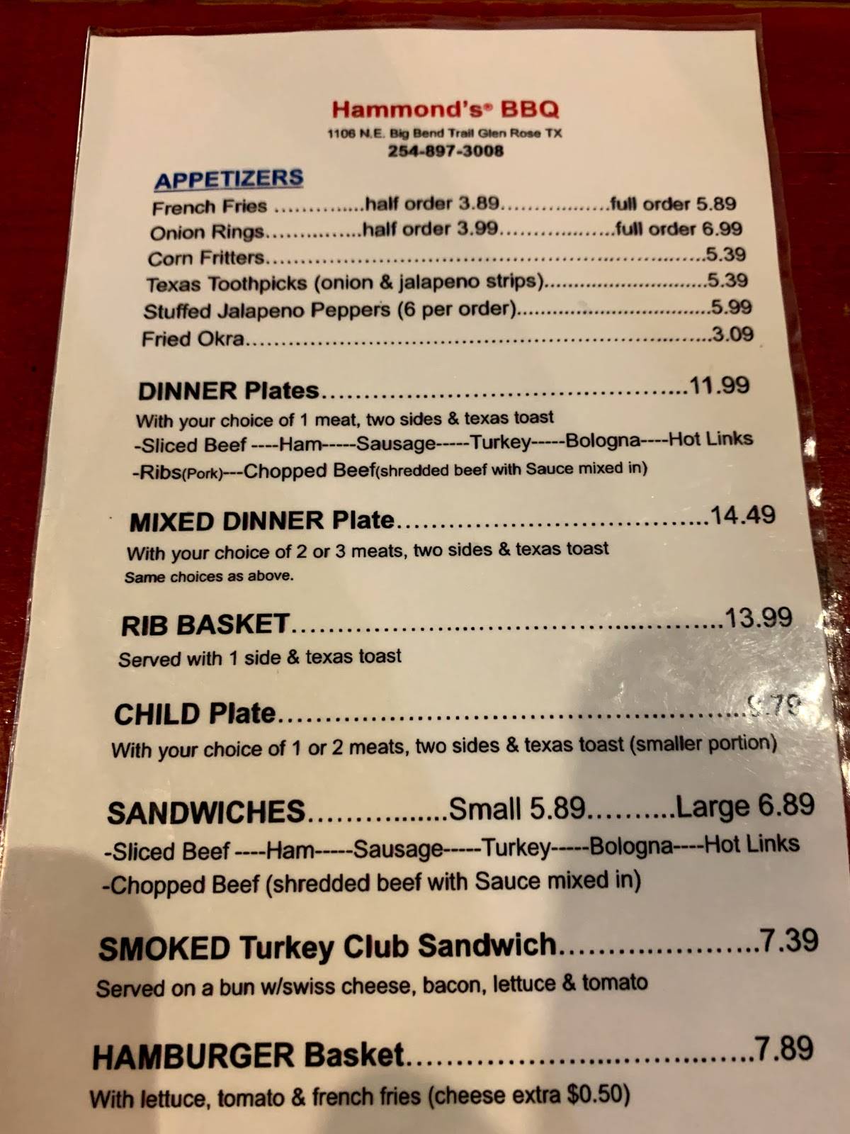 Menu at Hammond's BBQ BBQ, Glen Rose