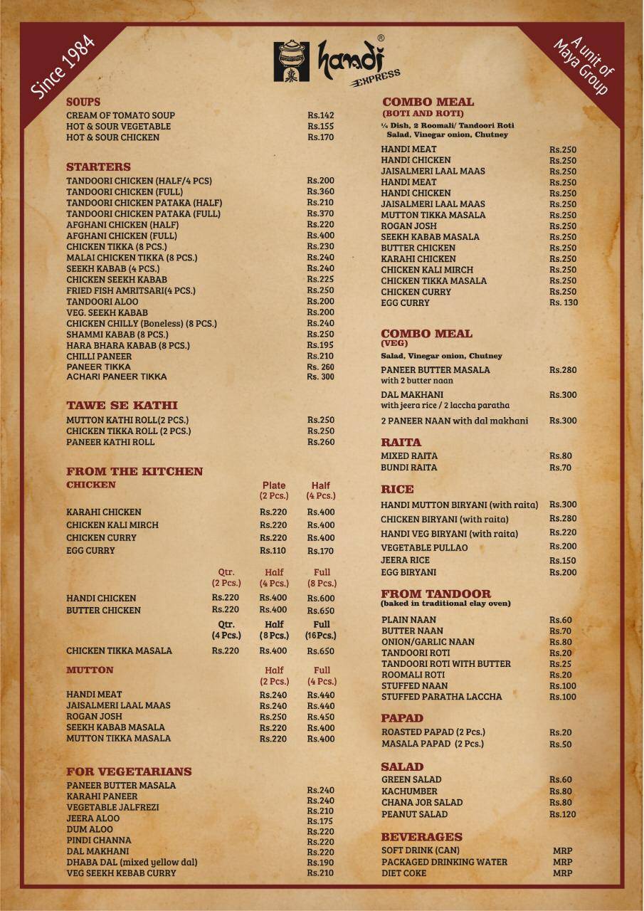 Handi Express Restaurant RajaPark menu