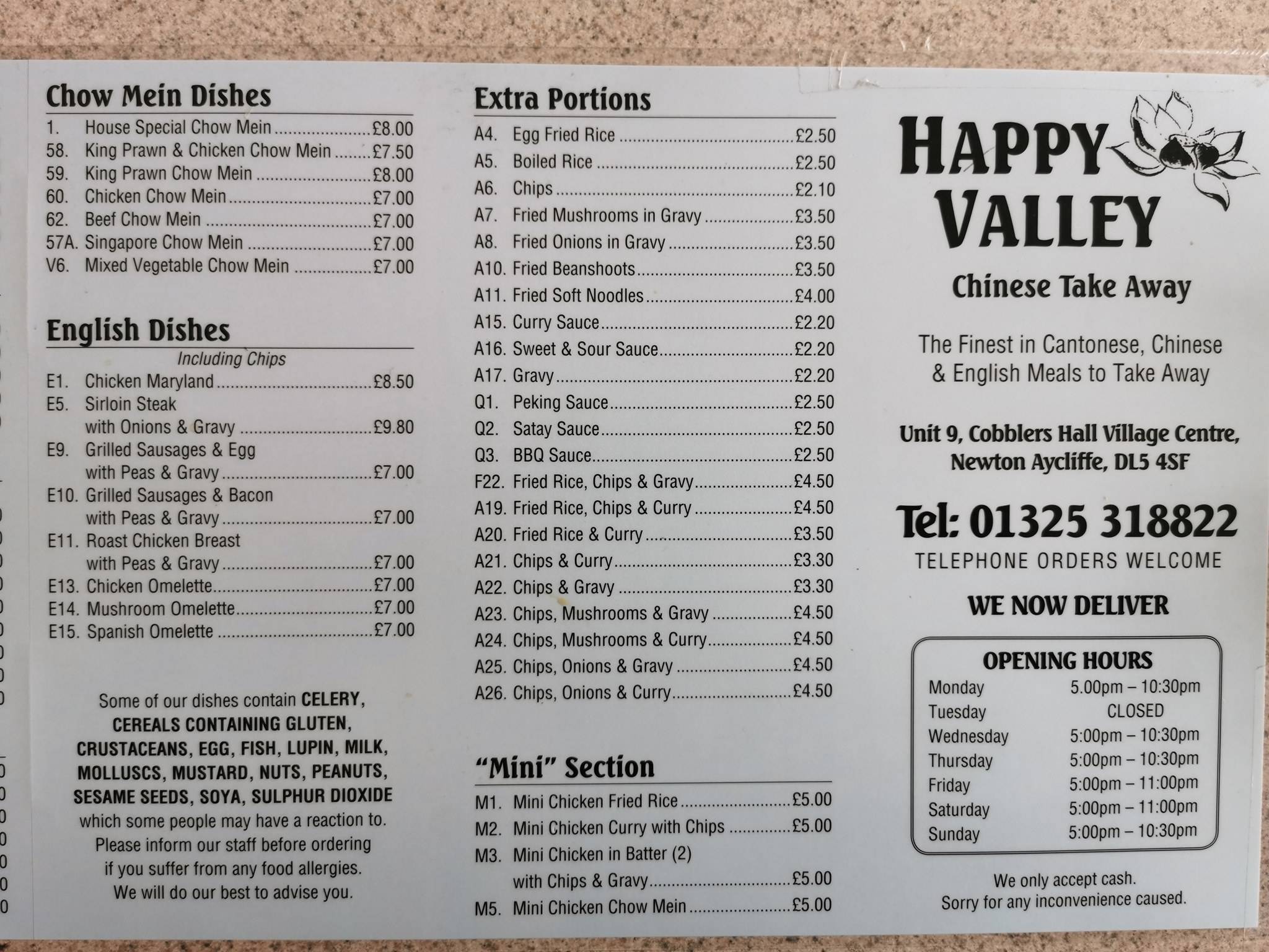 Menu At Happy Valley Chinese Takeaway Restaurant Newton Aycliffe