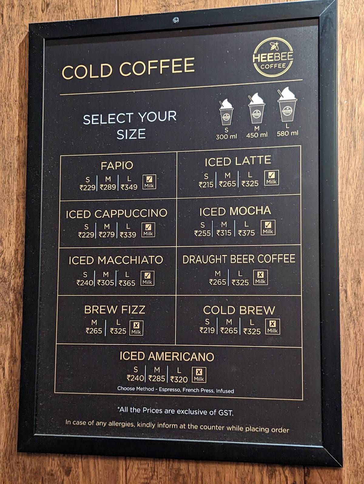 HeeBee Coffee menu
