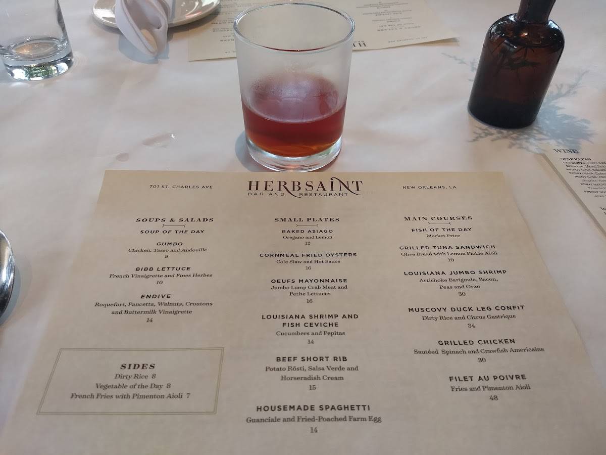 Menu at Herbsaint restaurant, New Orleans