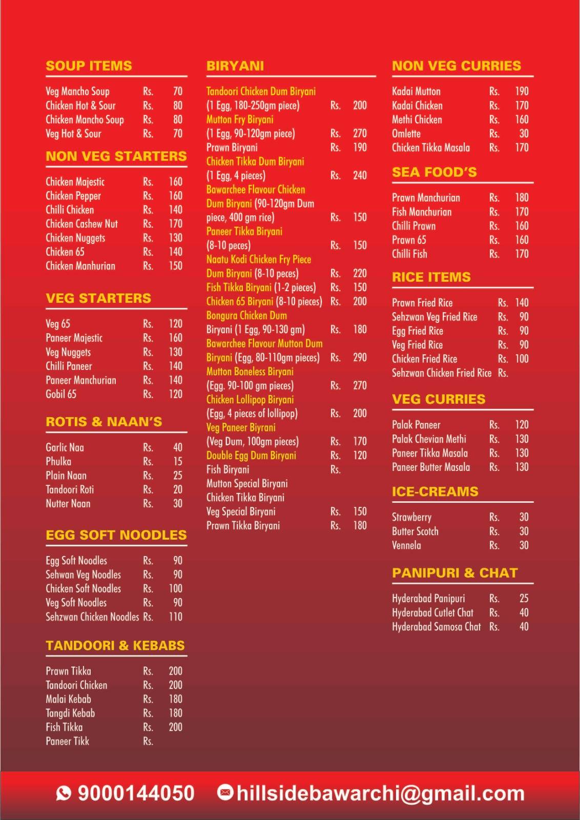 Hillside Bawarchi Hyderabad Biryani menu