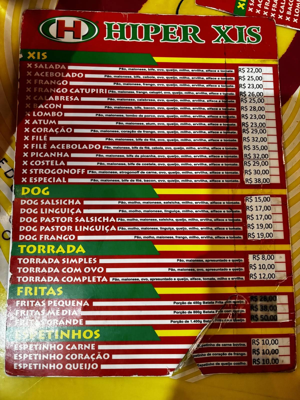 Hiper Xis Moinhos cardápio