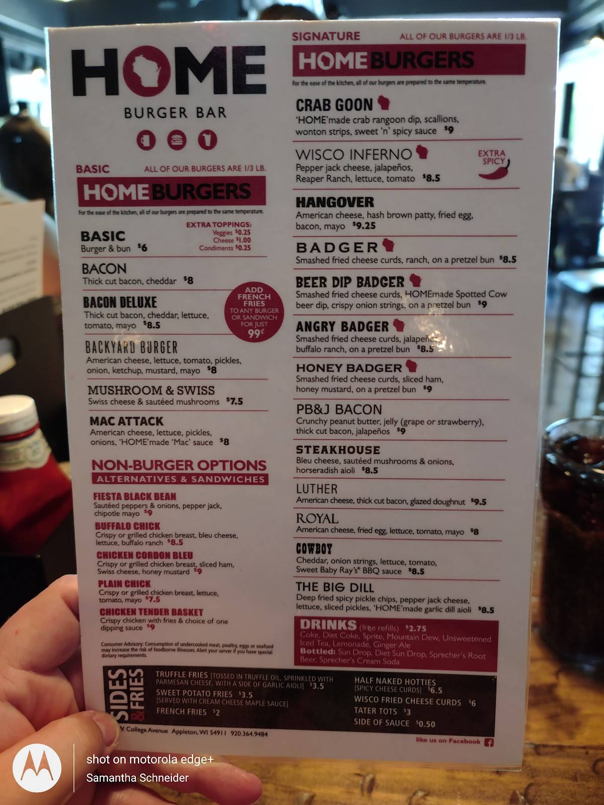 Menu at Home Burger Bar, Appleton