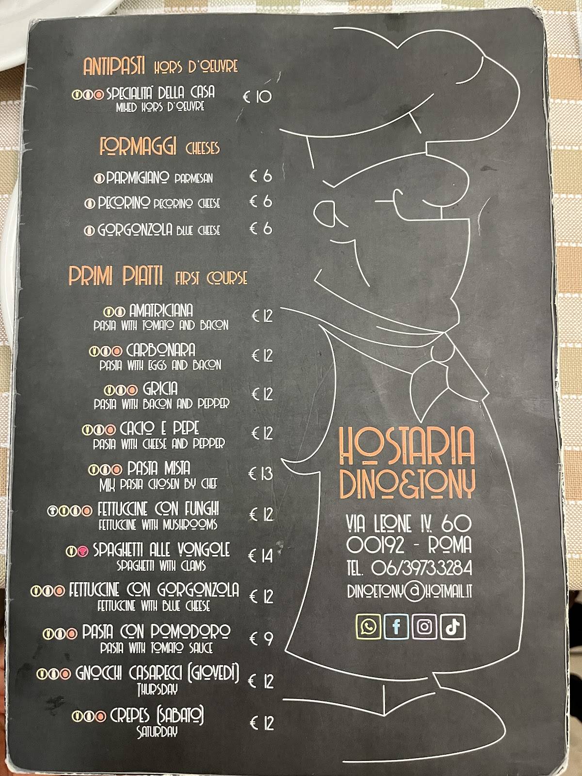 Menu di Hostaria Dino e Tony 