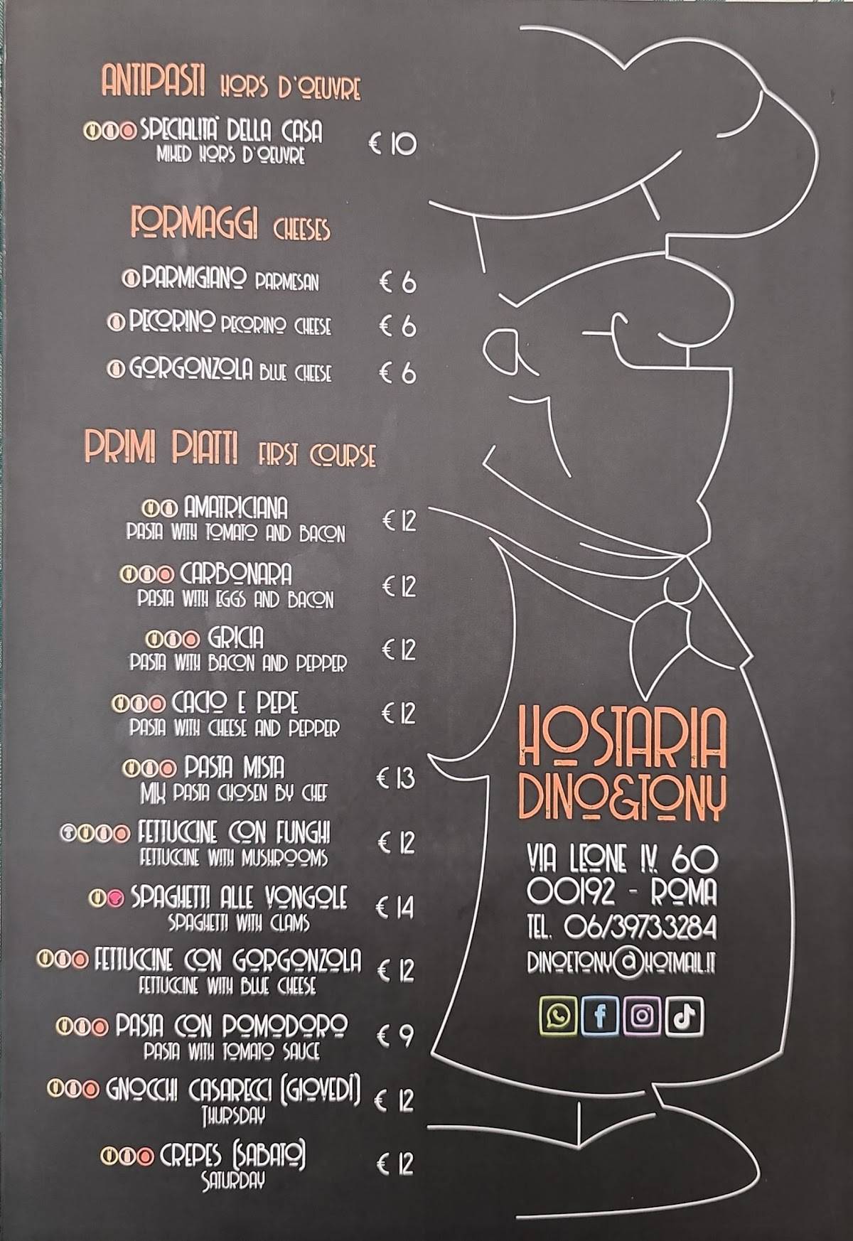 Menu di Hostaria Dino e Tony 