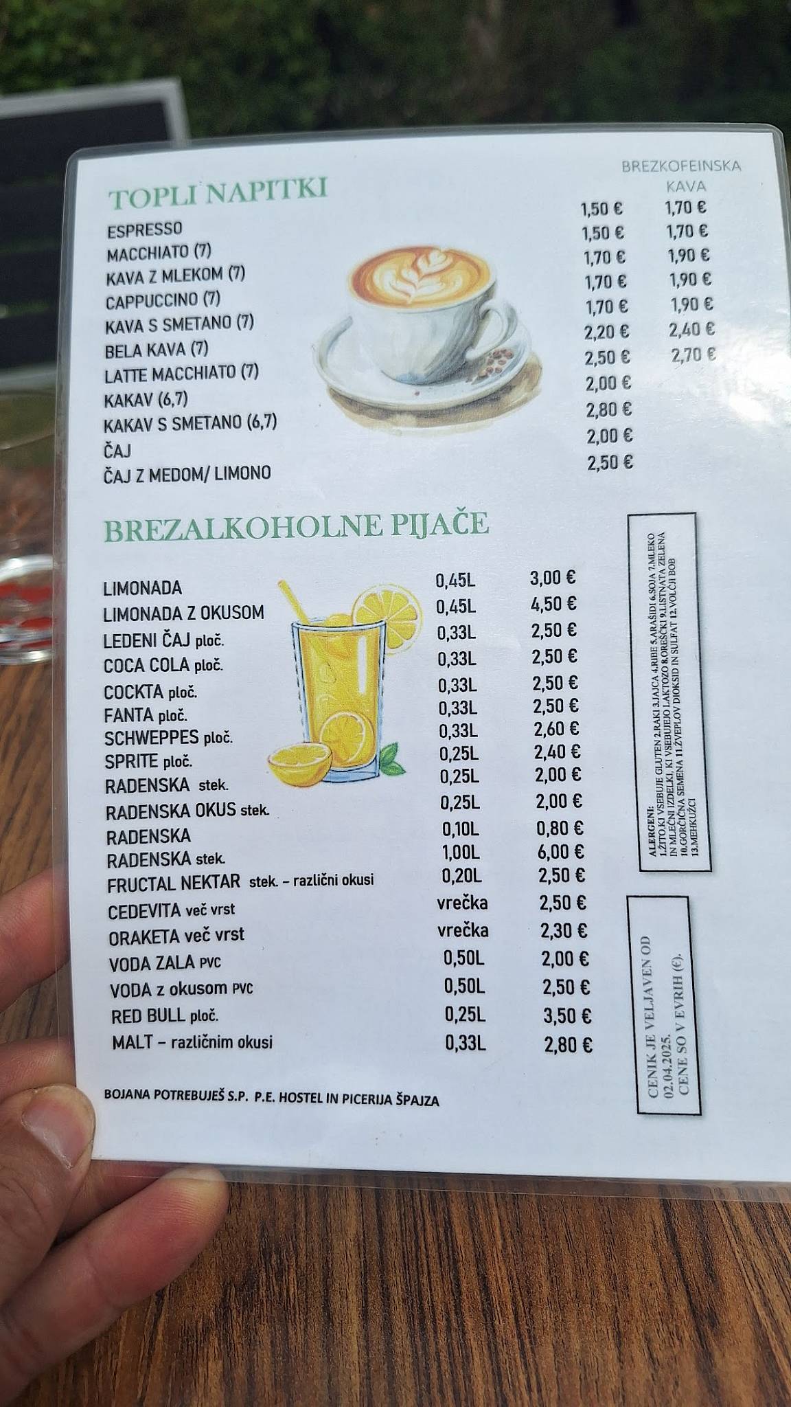 Menu di Hostel in picerija Špajza Mojstrana 
