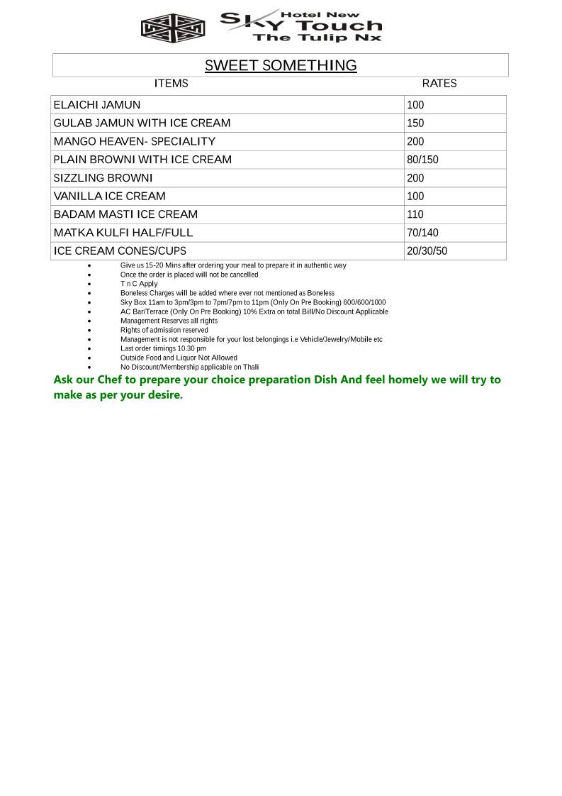 Hotel New Sky Touch Roof Top Family Restaurant Bar & Banquets menu