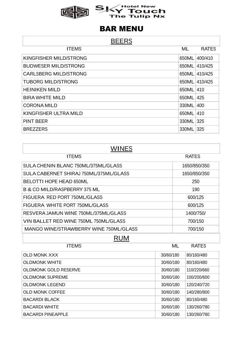 Hotel New Sky Touch Roof Top Family Restaurant Bar & Banquets menu