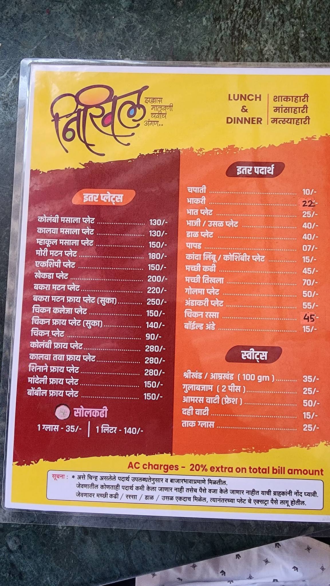 Hotel Nikhil Lunch & Dinner menu