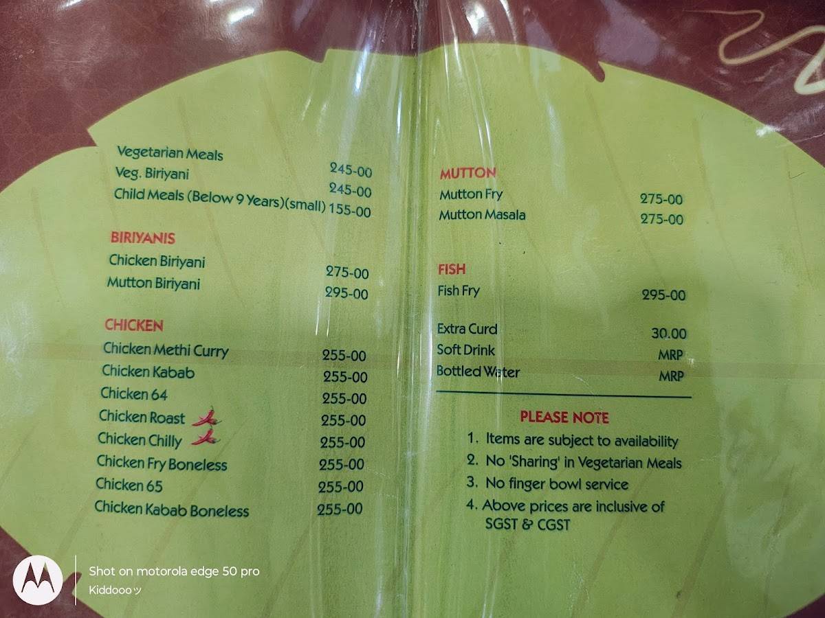 Hotel RRR Mysore menu