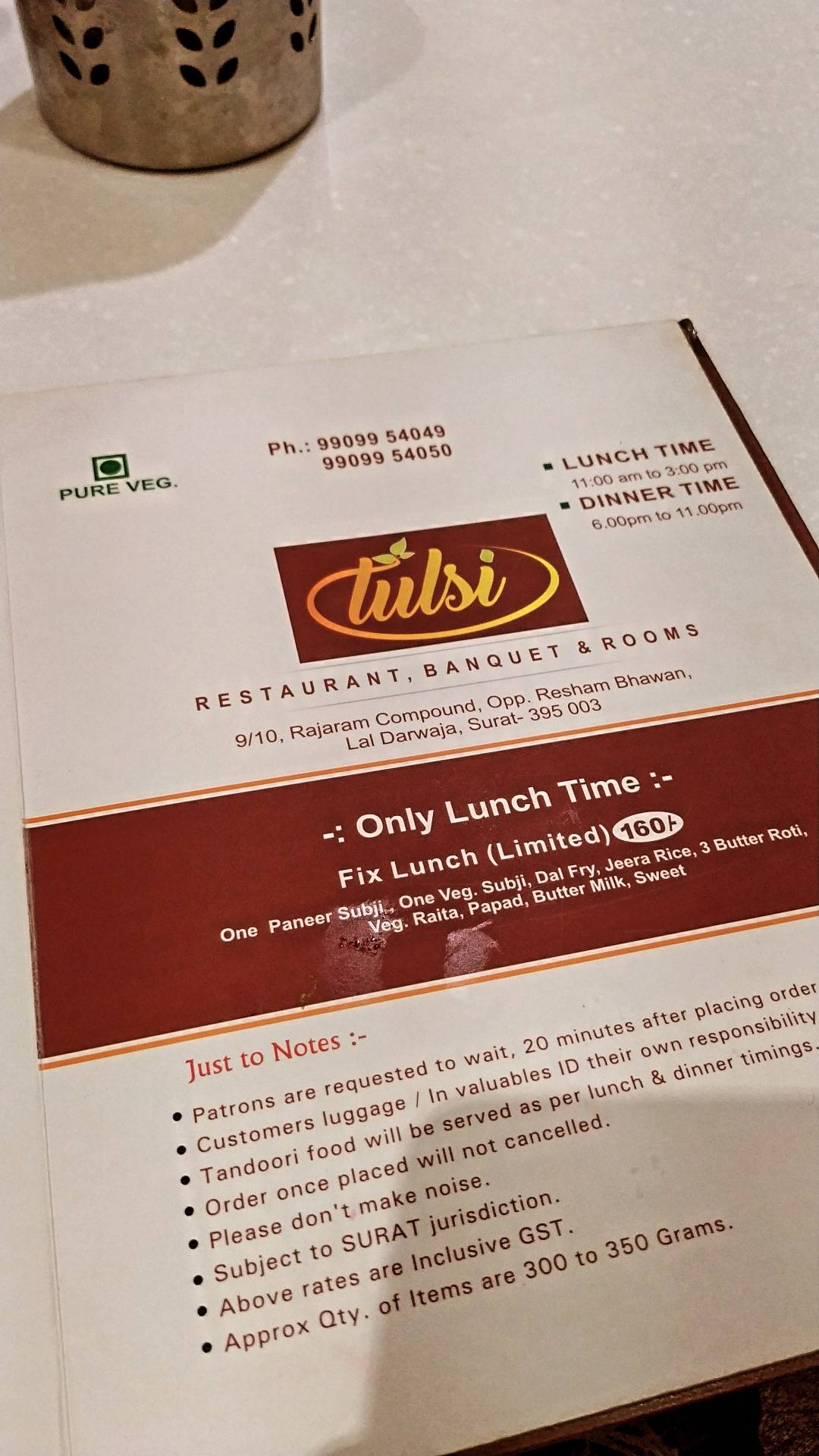 HOTEL TULSI menu