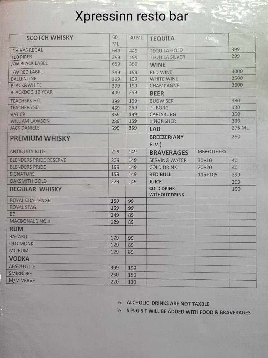 Hotel Xpress Inn Resto-Bar menu