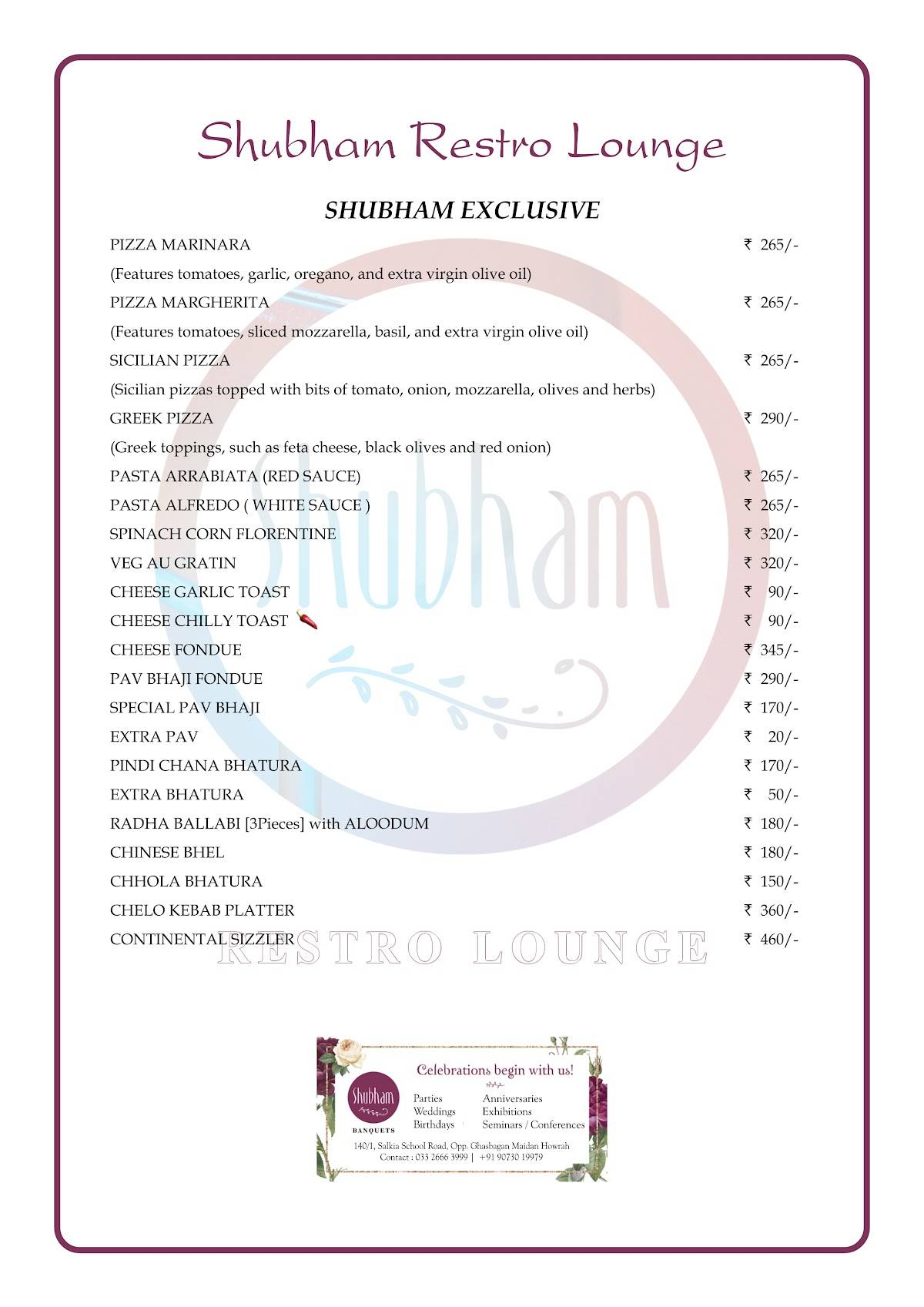 Shubham Banquets menu