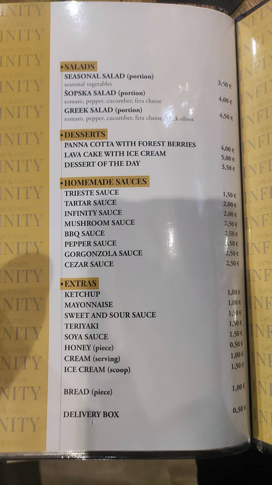 Menu di INfinity bistro & caffe bar 