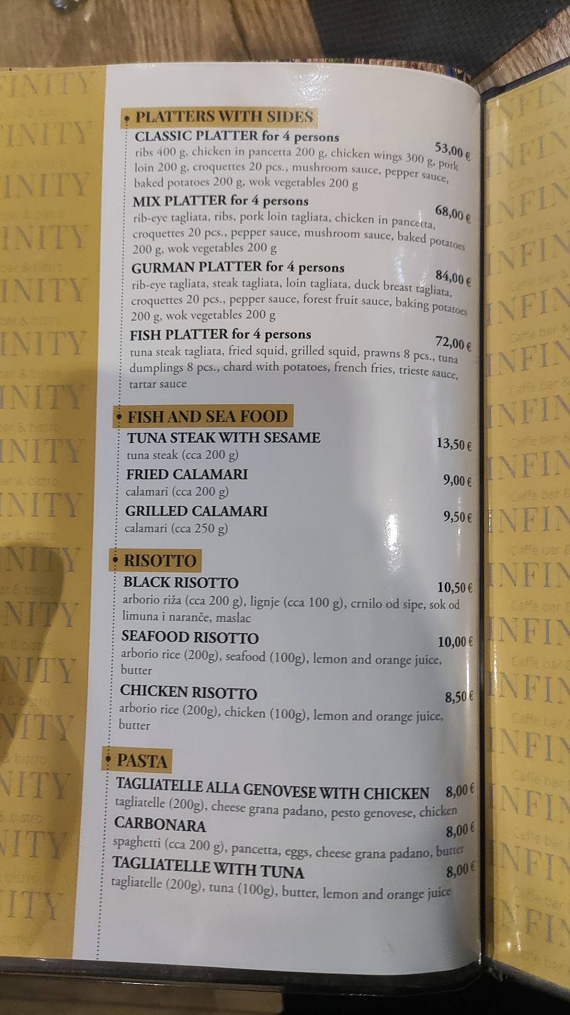 Menu di INfinity bistro & caffe bar 