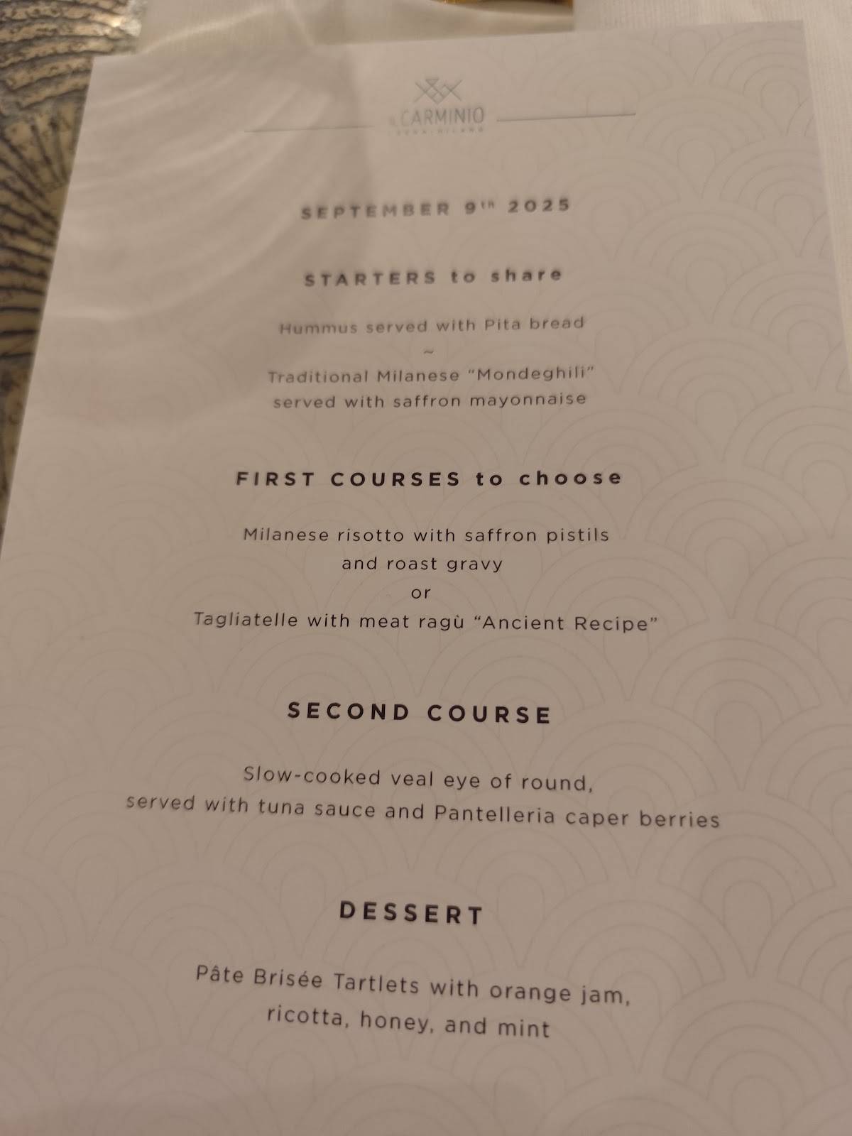 Menu di Il Carminio . Milano Brera 