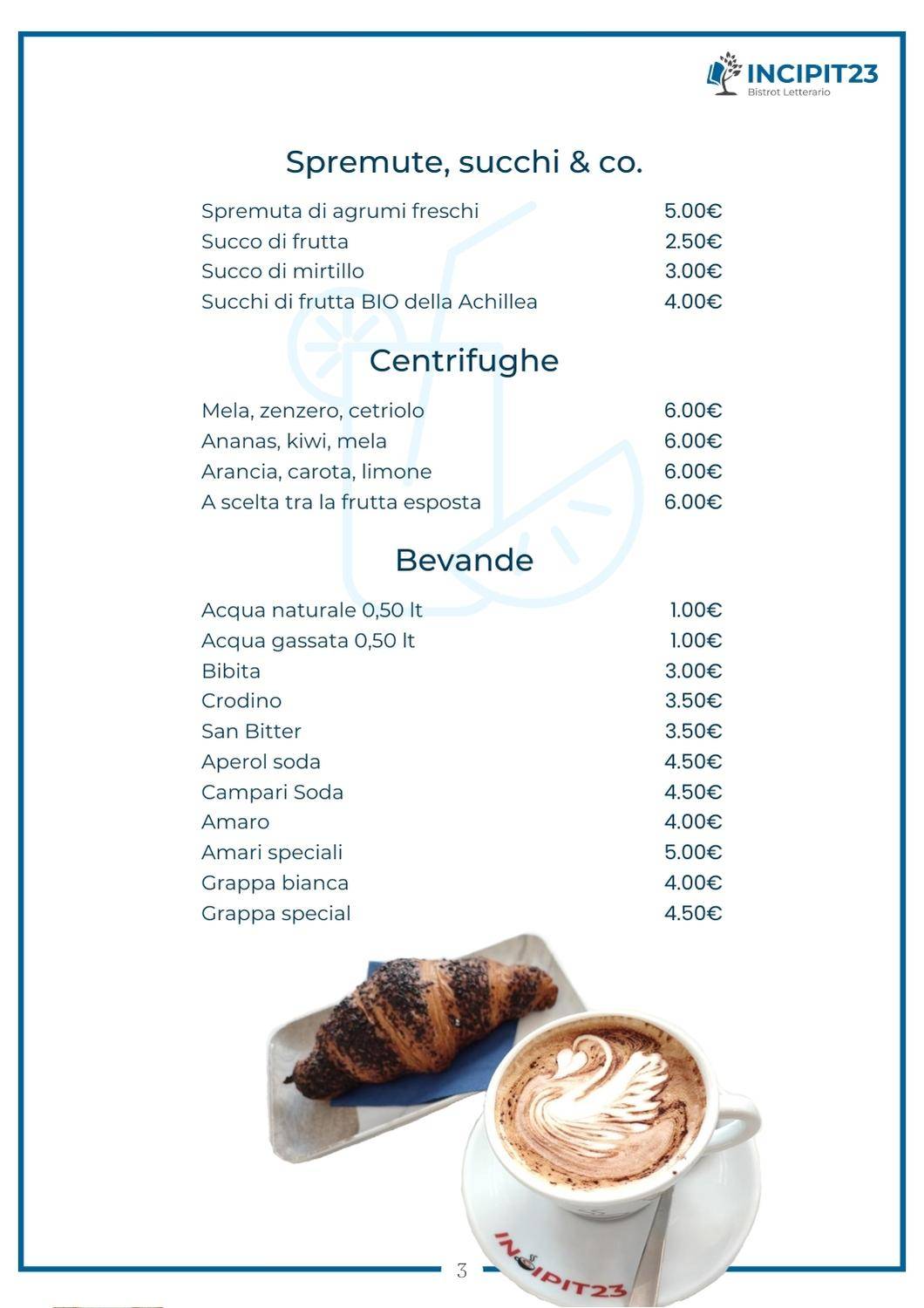 Menu di Incipit23 Bistrot Letterario 