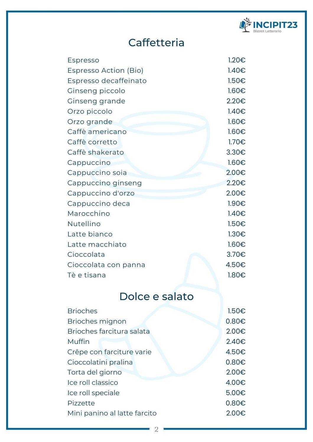 Menu di Incipit23 Bistrot Letterario 