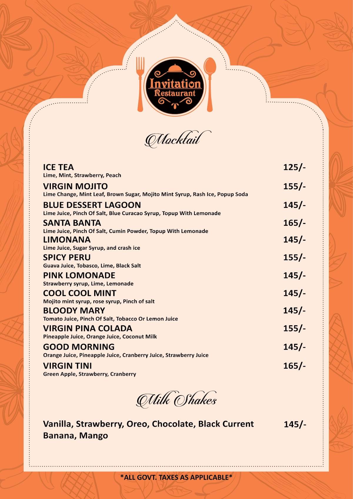 Invitation Restaurant menu