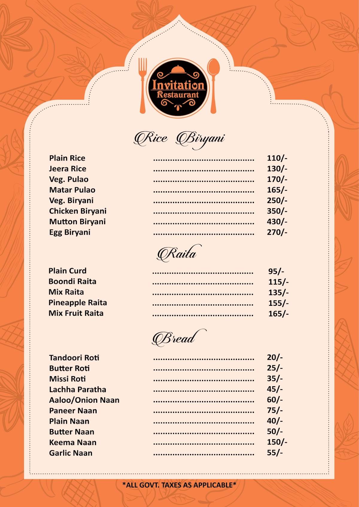 Invitation Restaurant menu