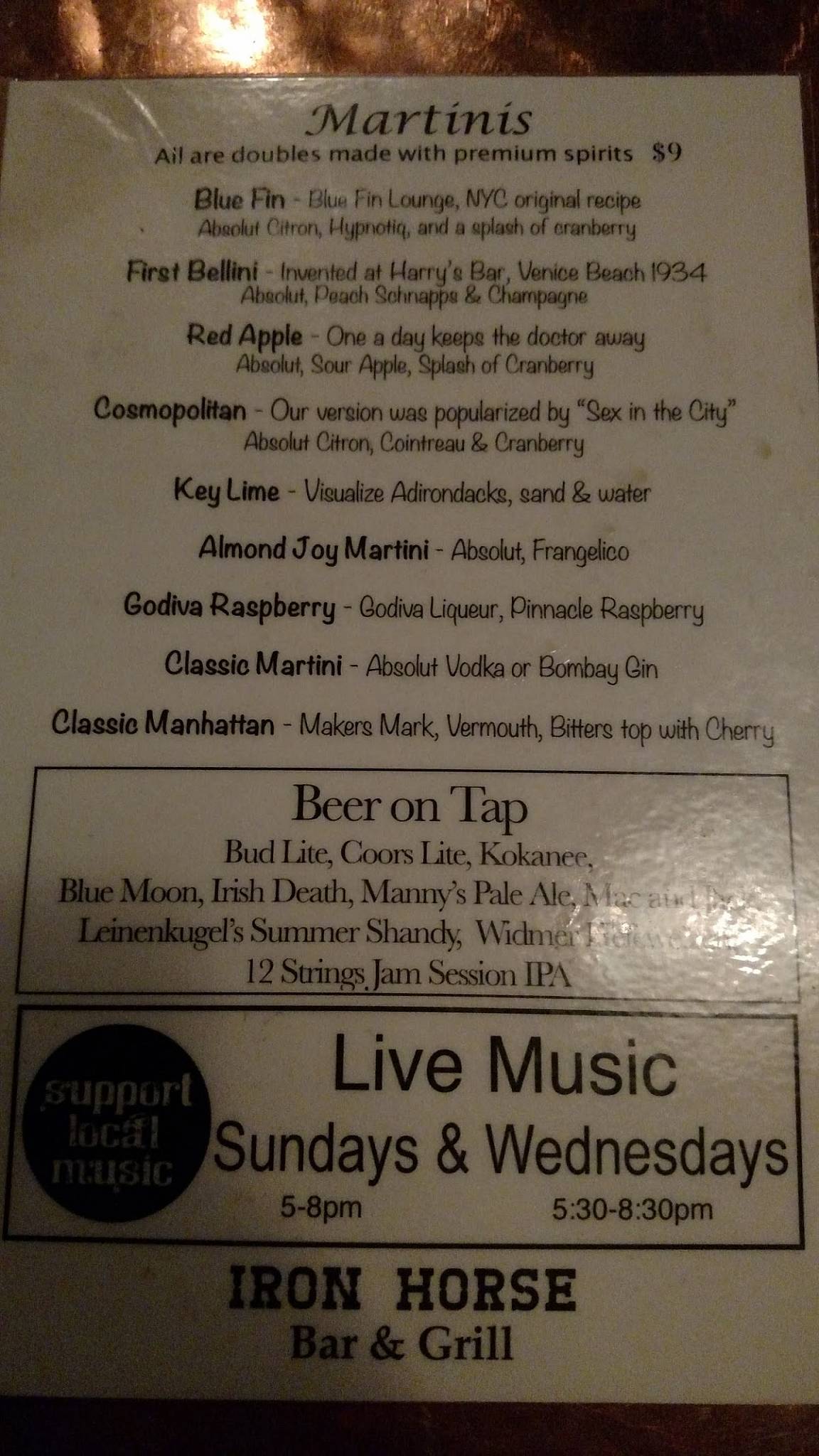 Menu at Iron Horse Bar & Grill, Spokane Valley