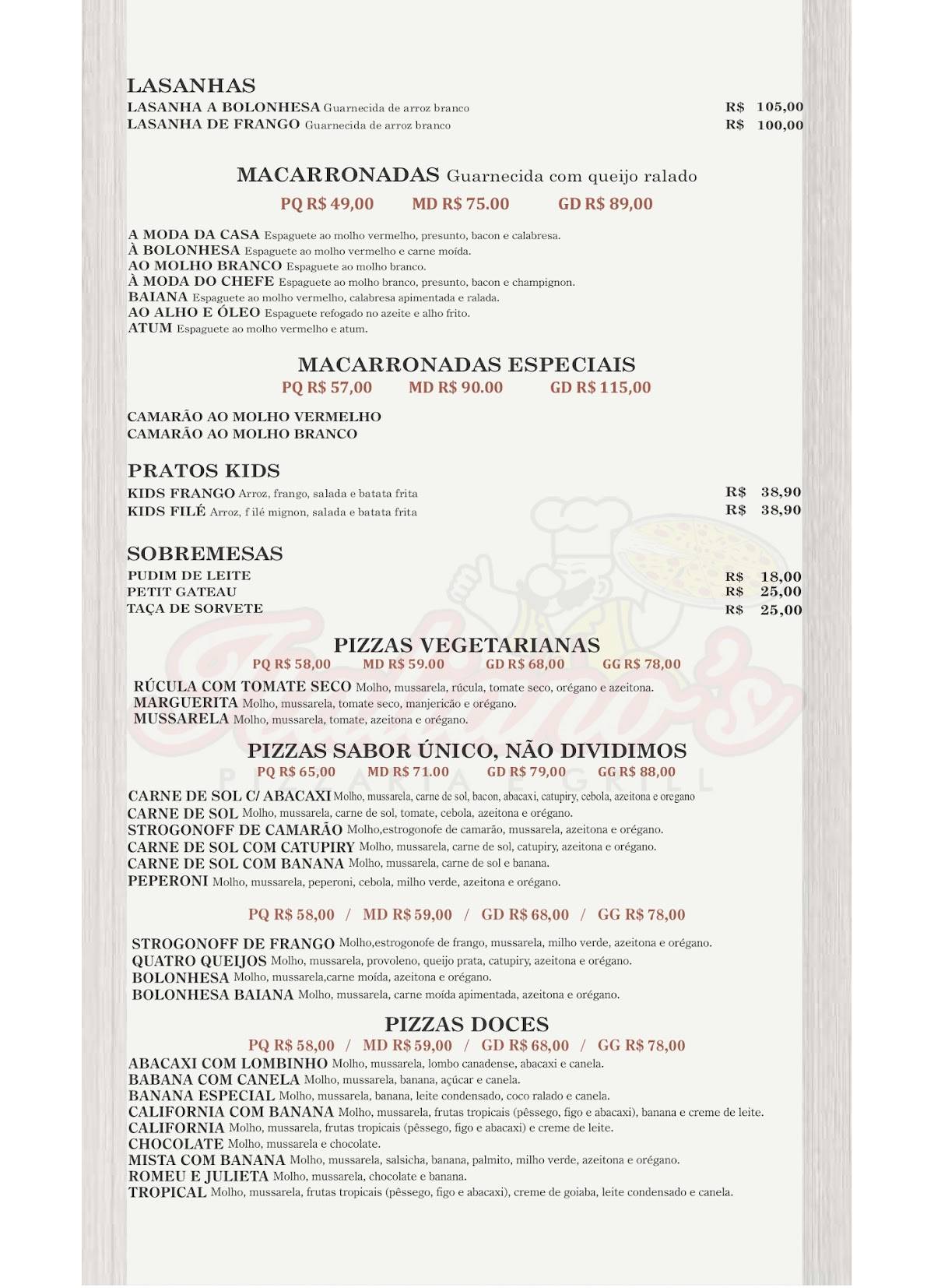 Italianos Pizzaria e Restaurante cardápio