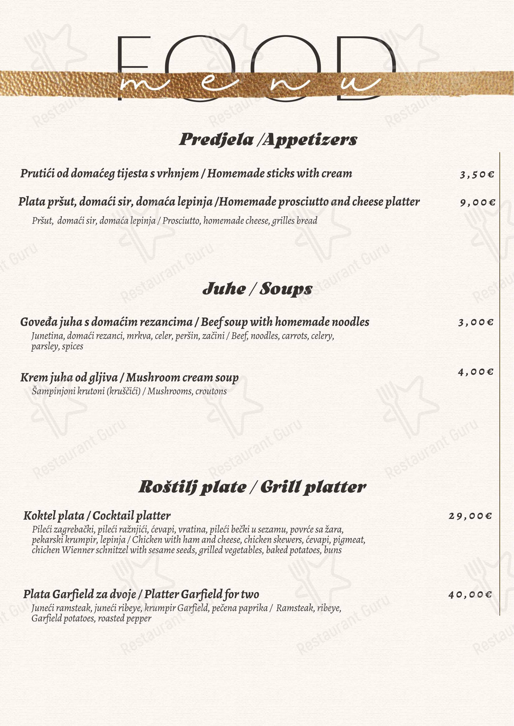 Izletiste Petek / Restoran Garfield in Ivanić-Grad - 菜单