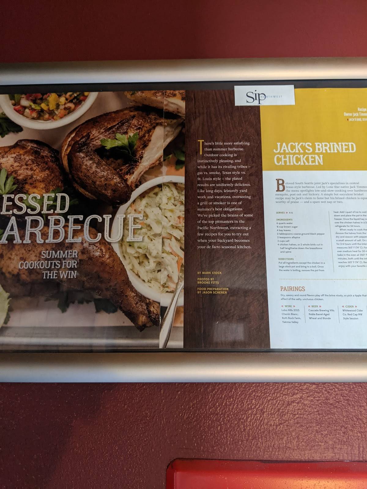 Menu at Jack's BBQ SoDo, Seattle, Airport Way S