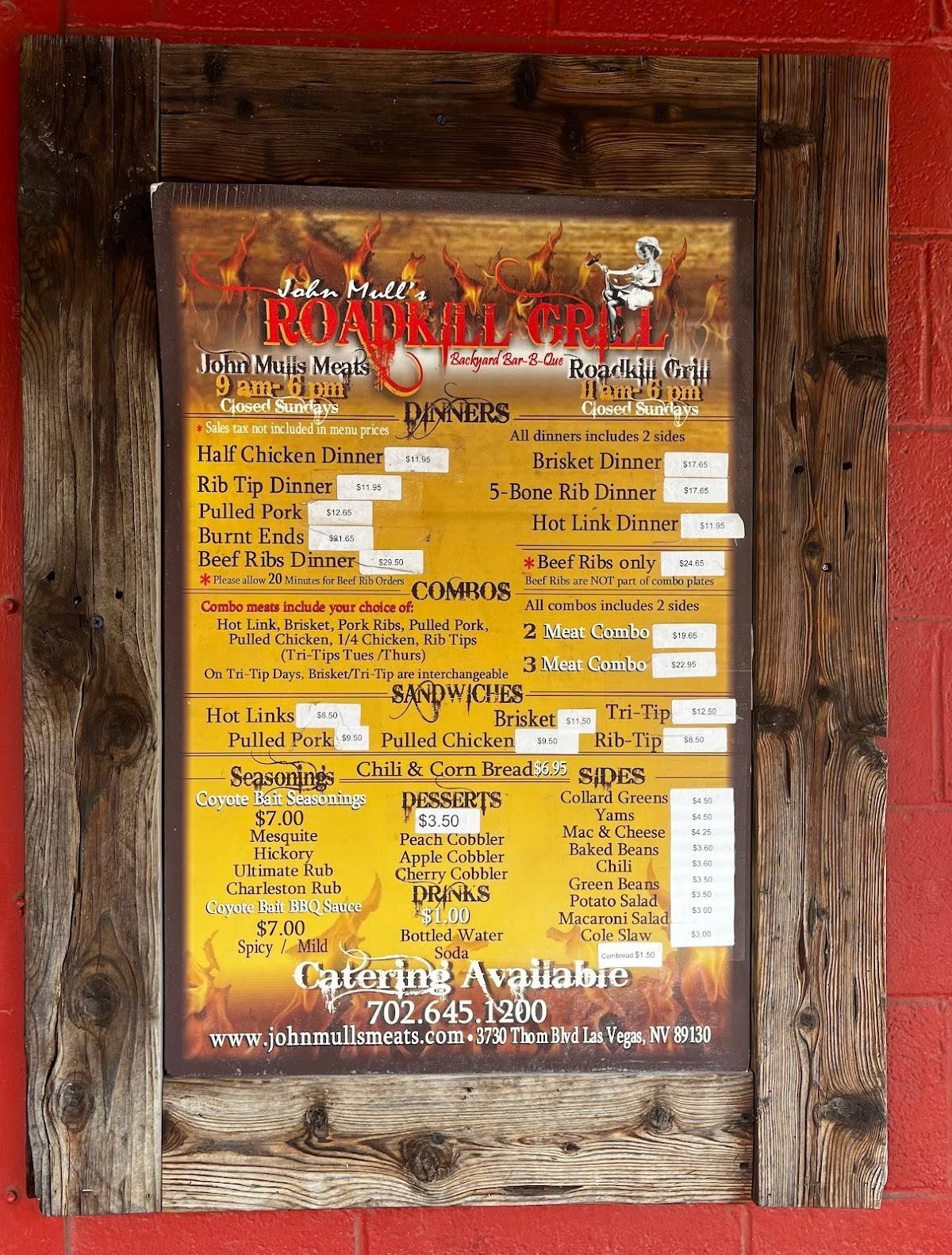 Menu at John Mull's Meats & Road Kill Grill BBQ, Las Vegas