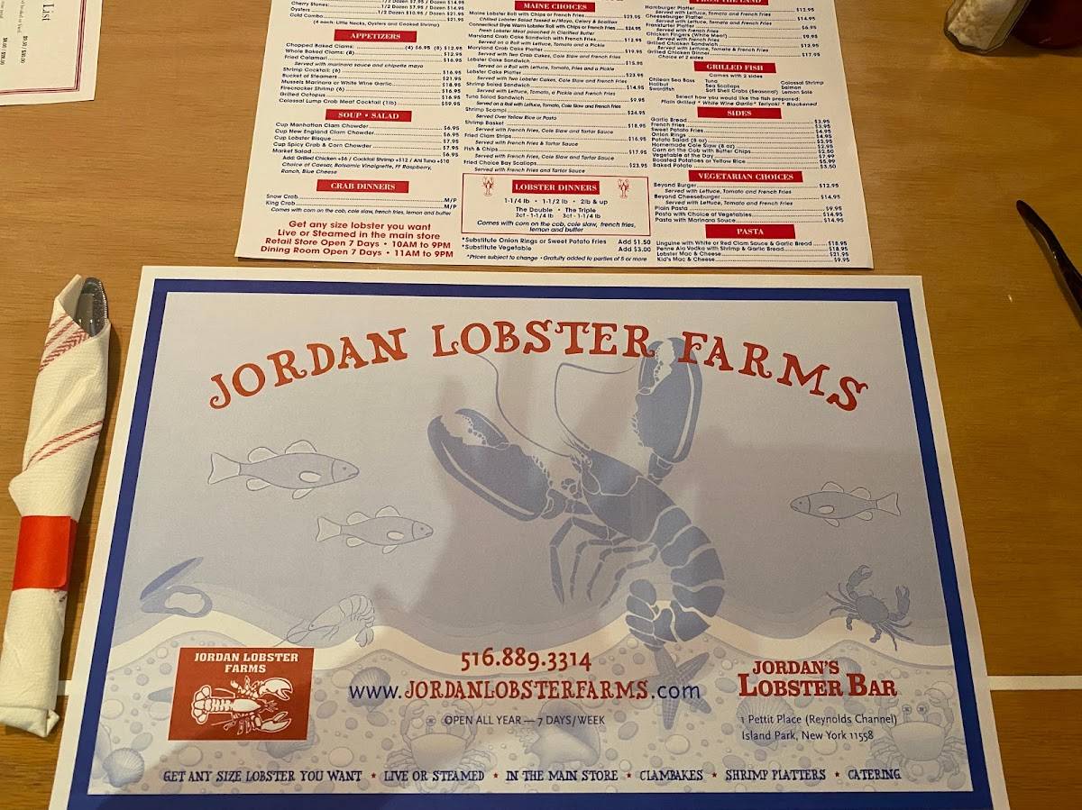 Menu at Jordan Lobster Farms restaurant, Island Park
