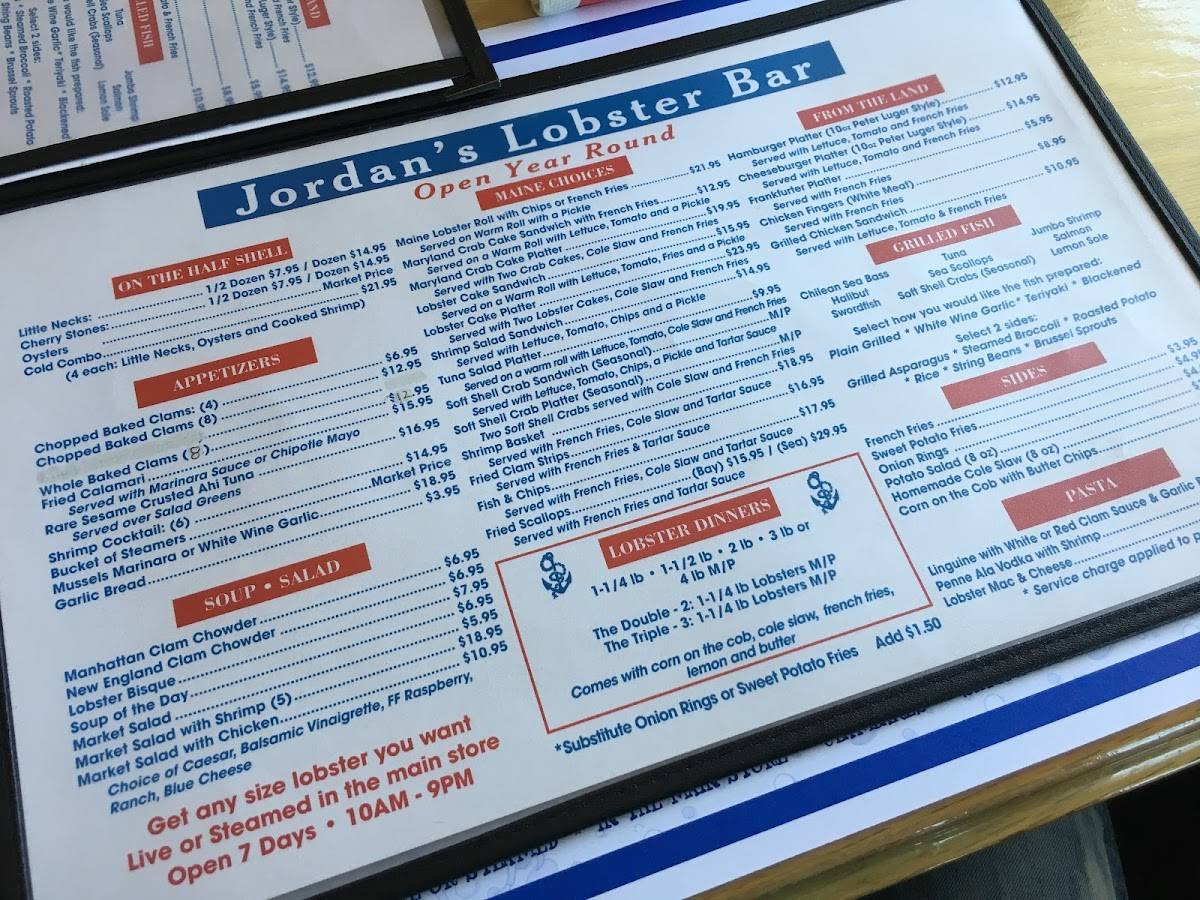 Menu at Jordan Lobster Farms restaurant, Island Park