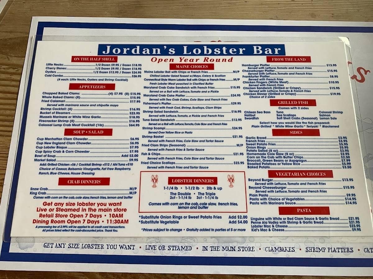 Menu at Jordan Lobster Farms restaurant, Island Park