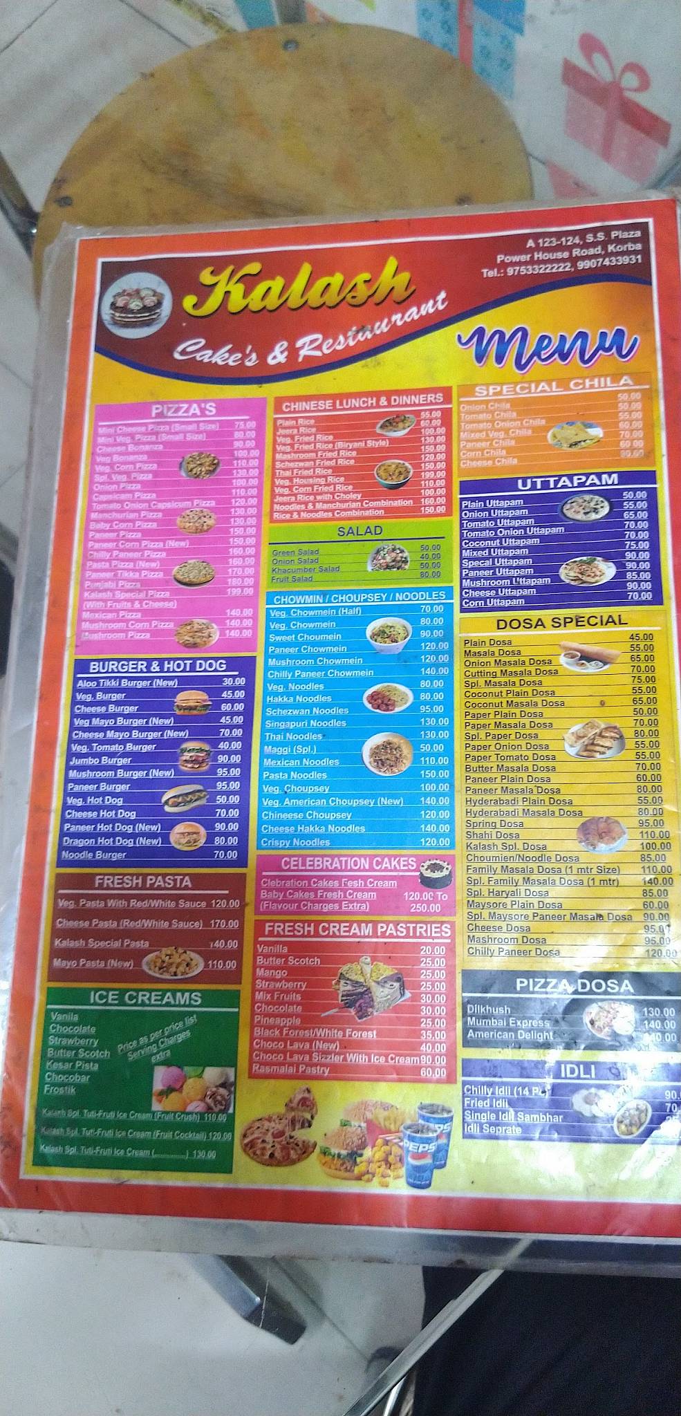 Menu at Kalash Cake Restaurant & home delivery korba, Korba
