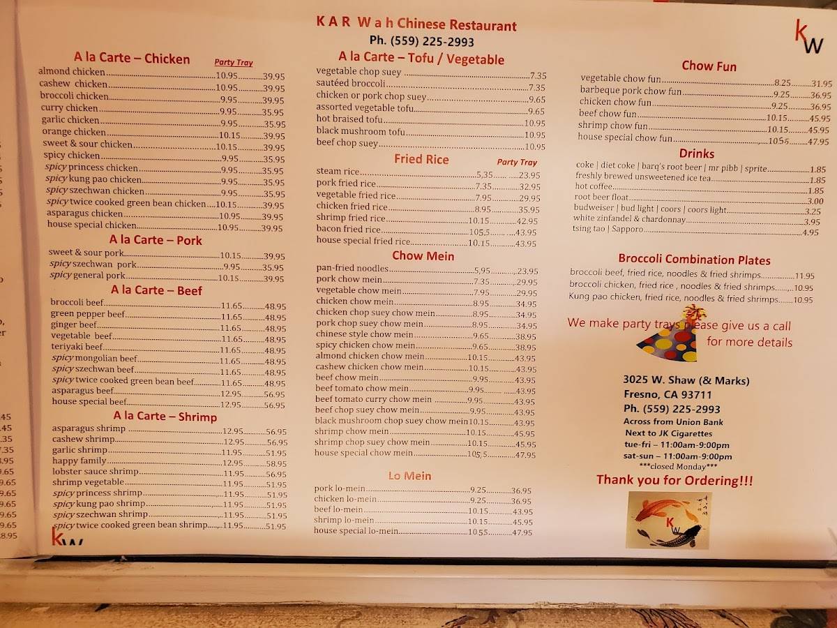 Menu at Kar Wah Chinese Restaurant, Fresno
