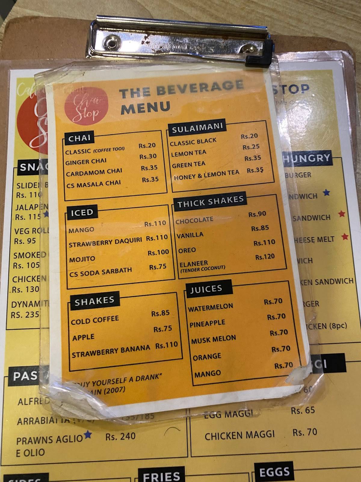 Chai Stop menu