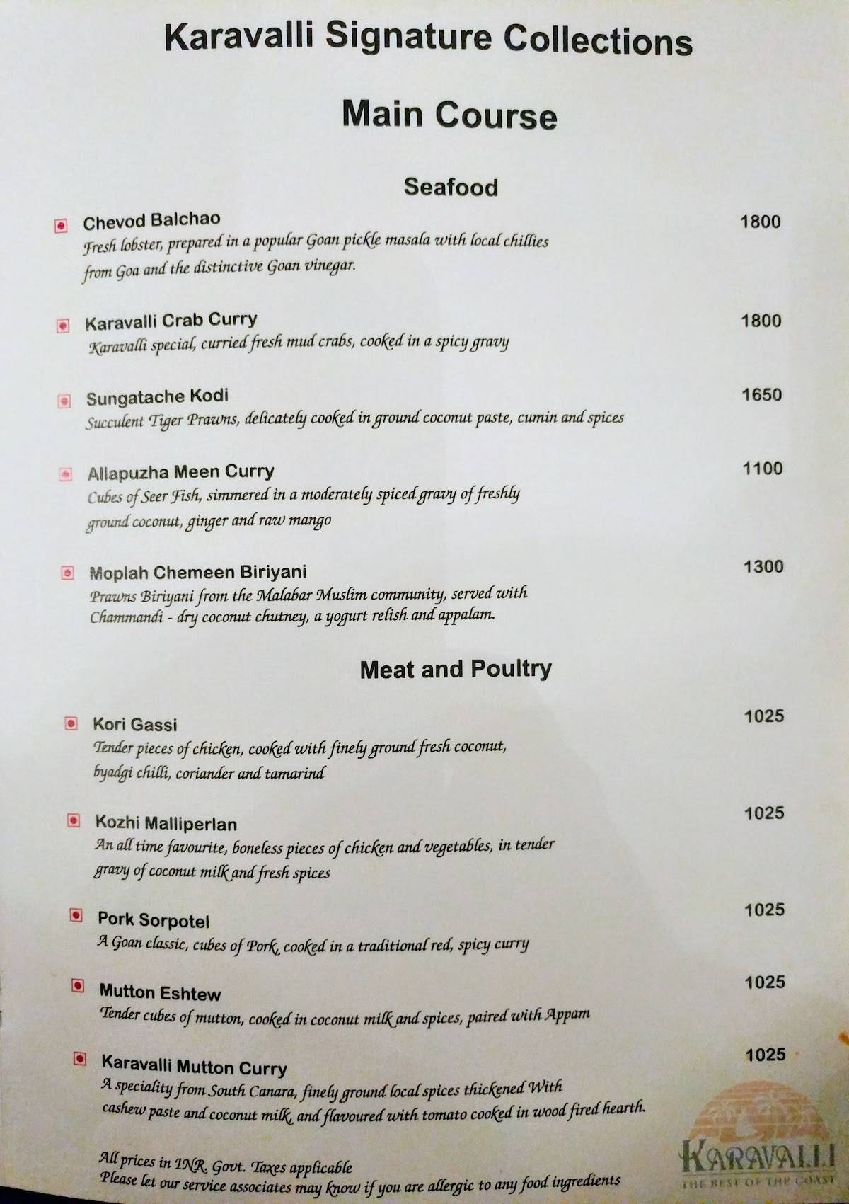 Menu at Karavalli, Bengaluru, Vivanta