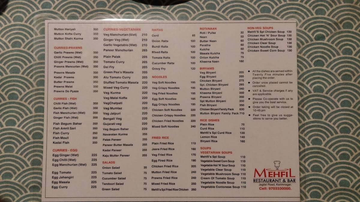 Mehfil Restaurant And Bar menu