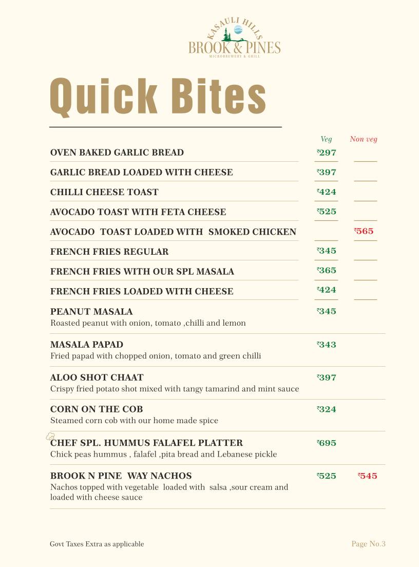 Brook & Pines Restaurant, Microbrewery & Grill menu