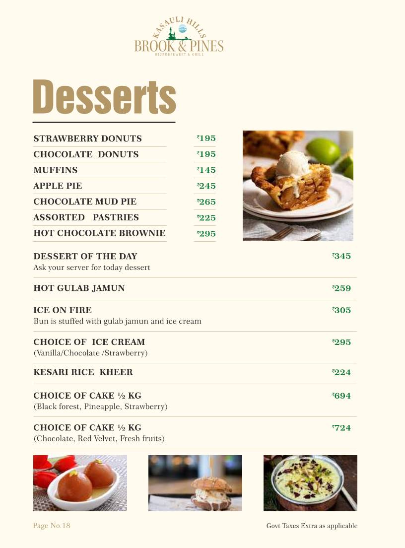 Brook & Pines Restaurant, Microbrewery & Grill menu