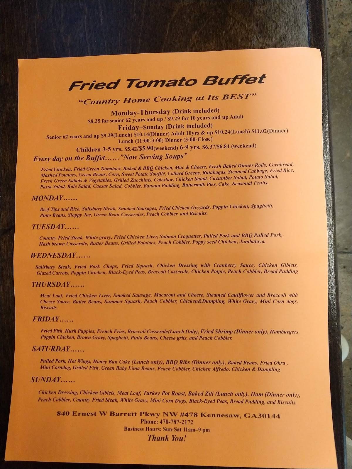 Menu at The Tomatoes Country Buffet restaurant, Kennesaw