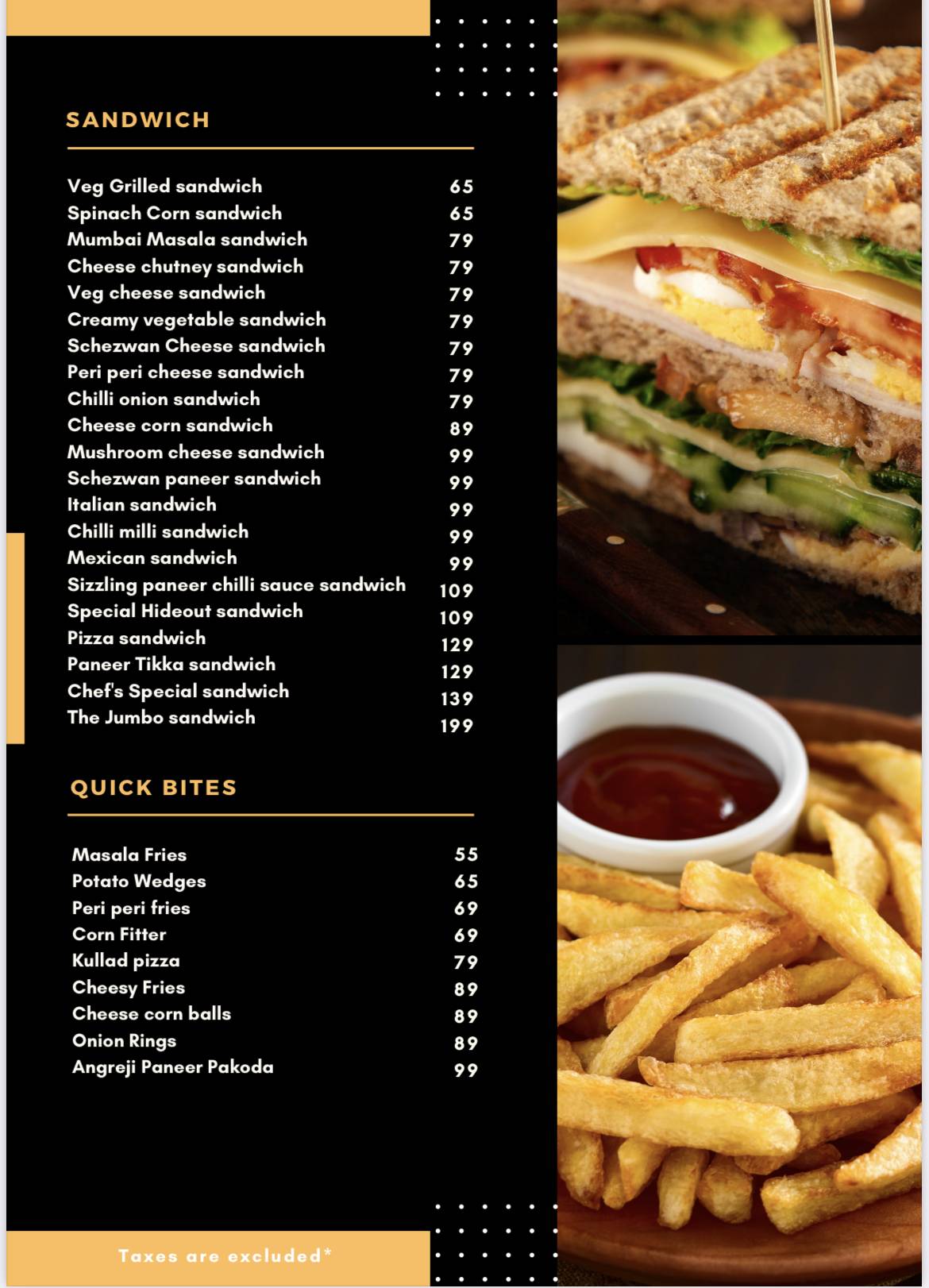 The Hideout Cafe menu
