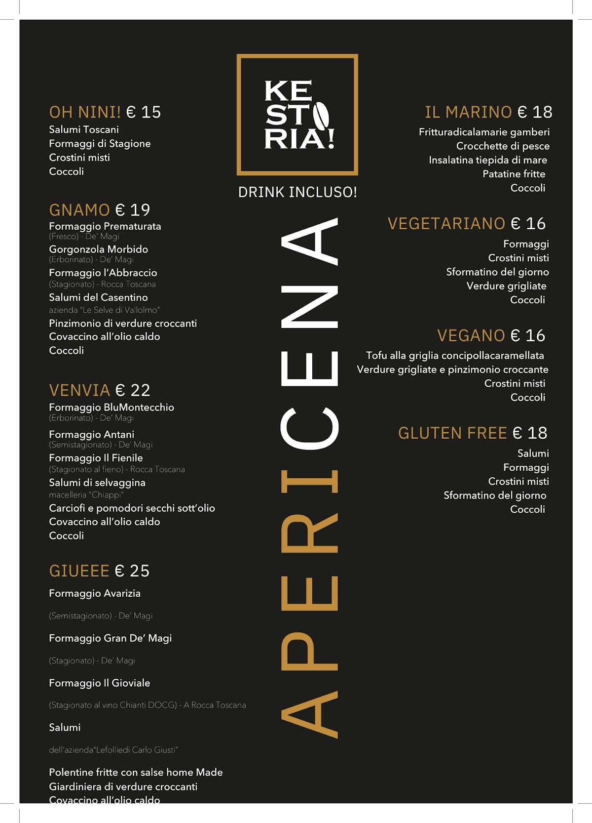 Menu di Kestoria pizzeria ristorante caffetteria lounge bar 