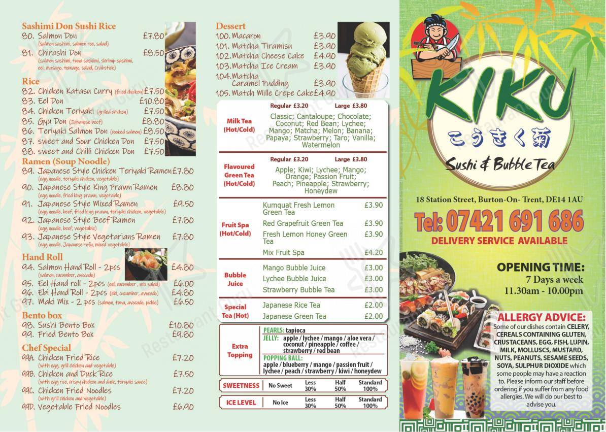 Menu at Kiku Sushi & Bubble Tea restaurant, Burton upon Trent