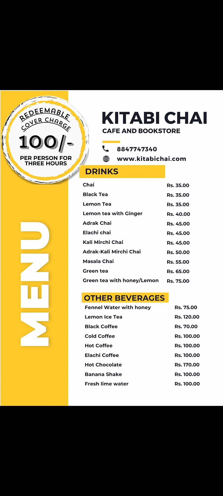 Kitabi Chai Cafe and Book Store menu