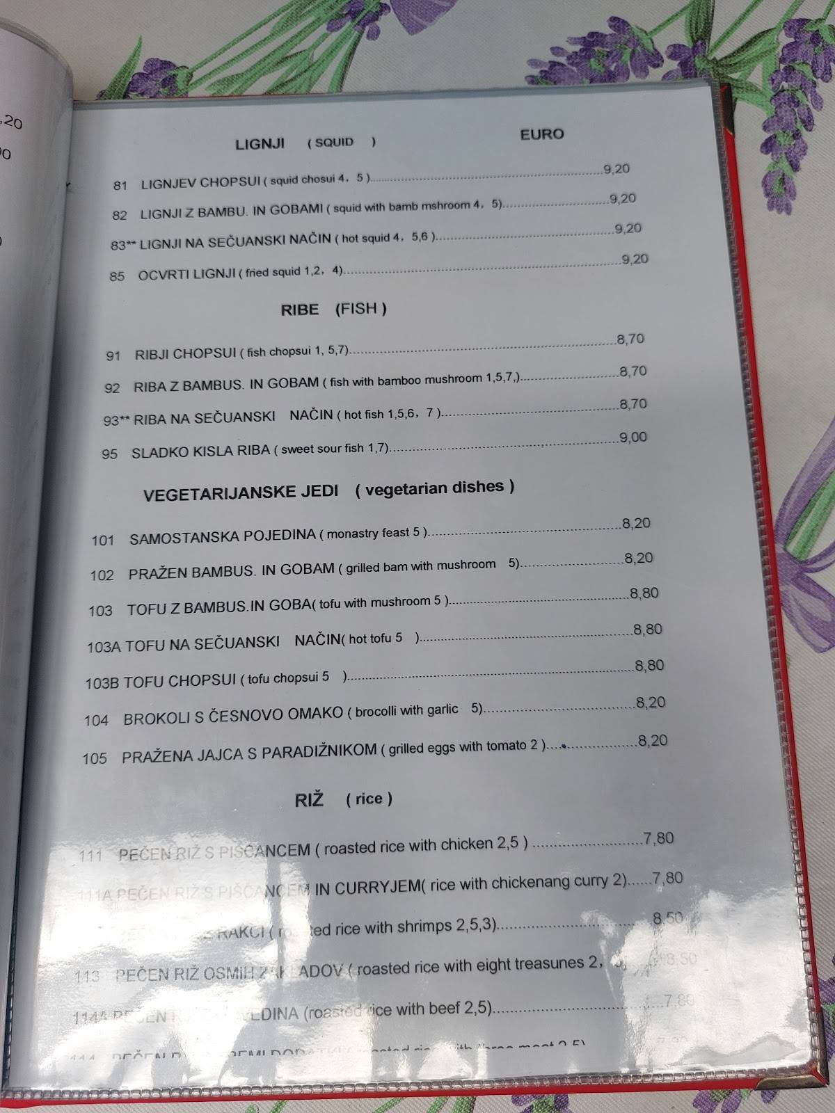Menu di Kitajska Restavracija Zmajeva Vrata, ZHIFU 