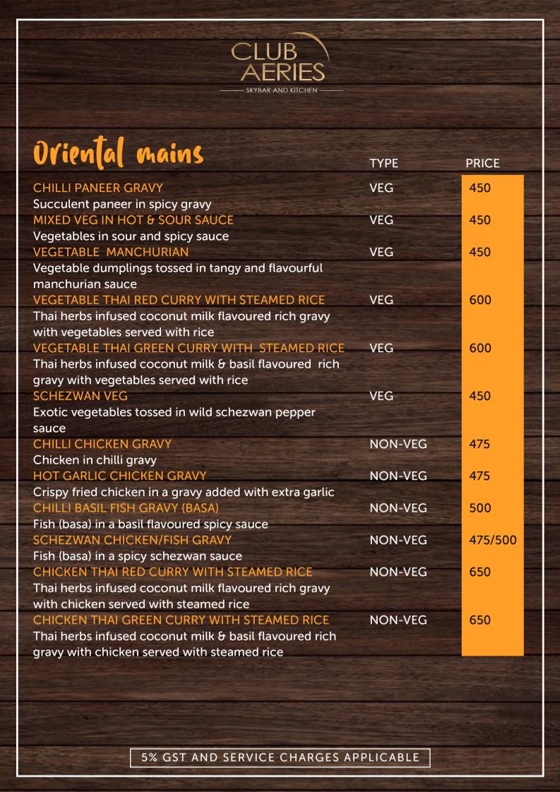 CLUB AERIES - SKYBAR & KITCHEN menu