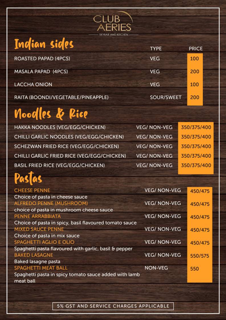 CLUB AERIES - SKYBAR & KITCHEN menu