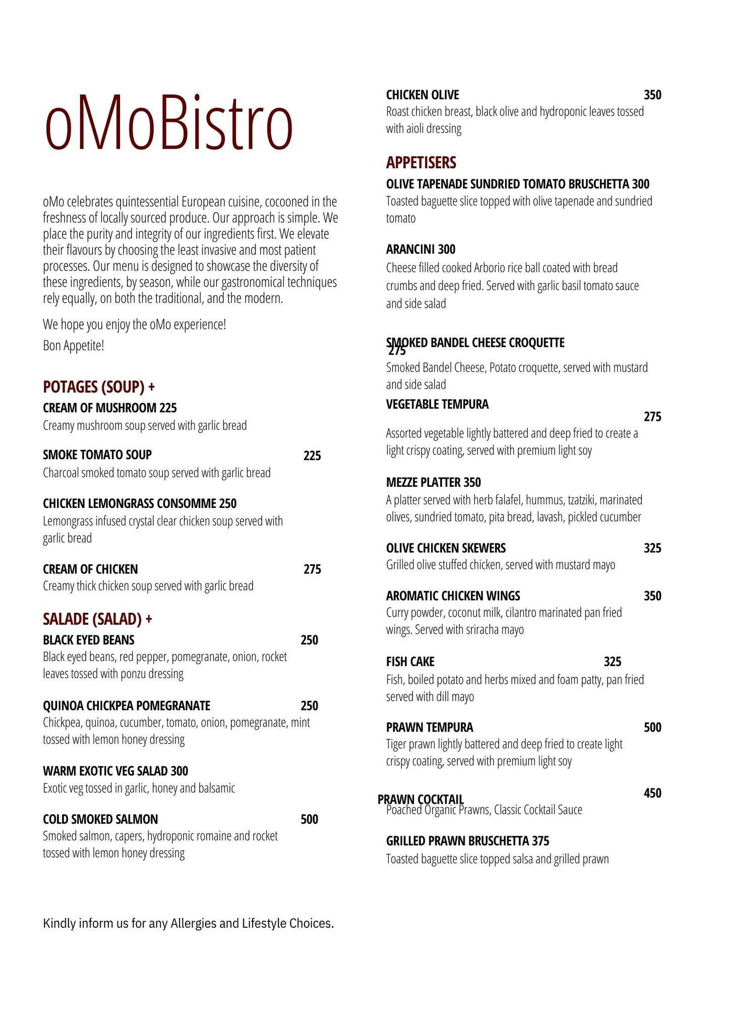 OMO Bistro menu